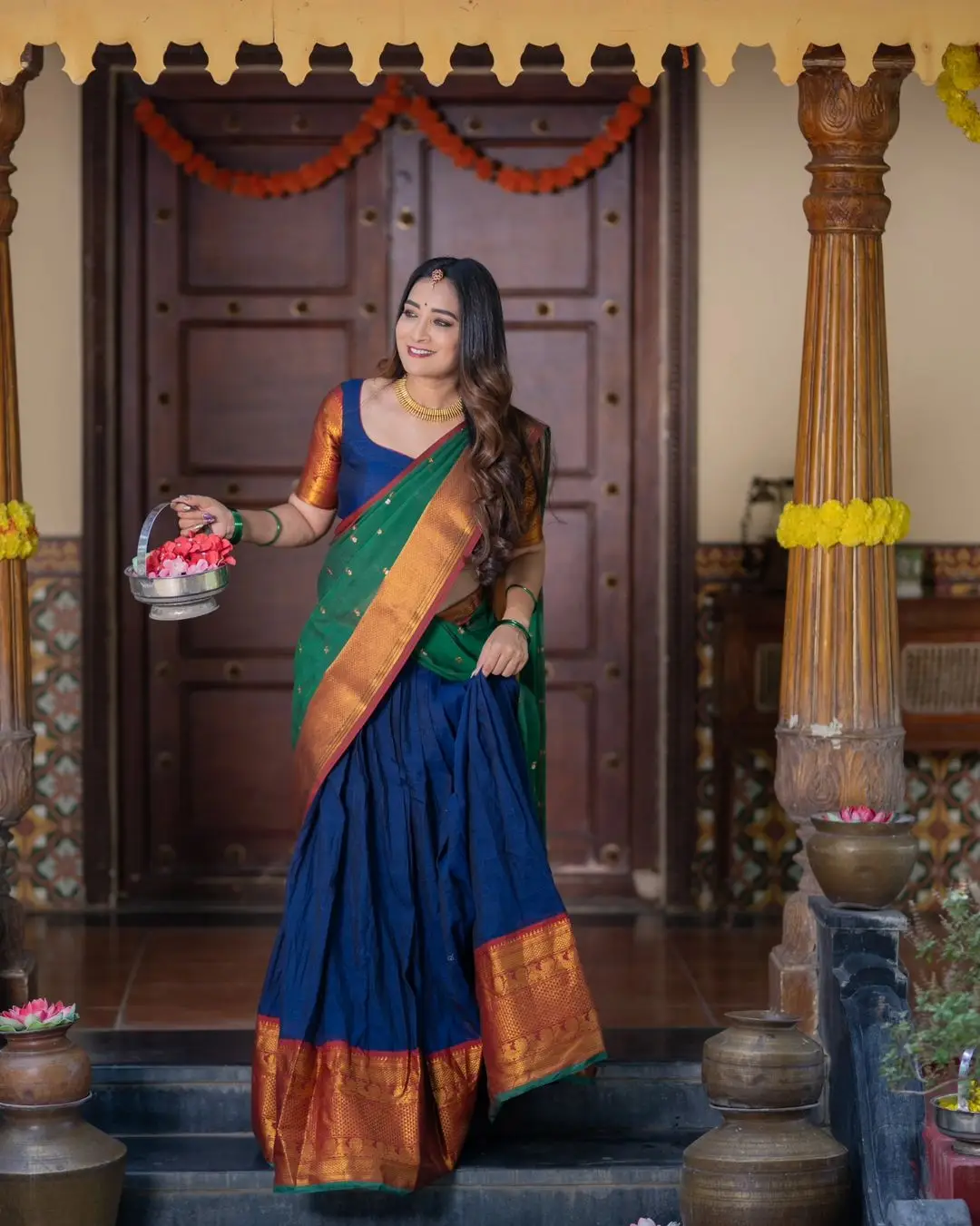 ETV Actress Bhanu Sri in Beautiful Blue Lehenga Choli Green Voni